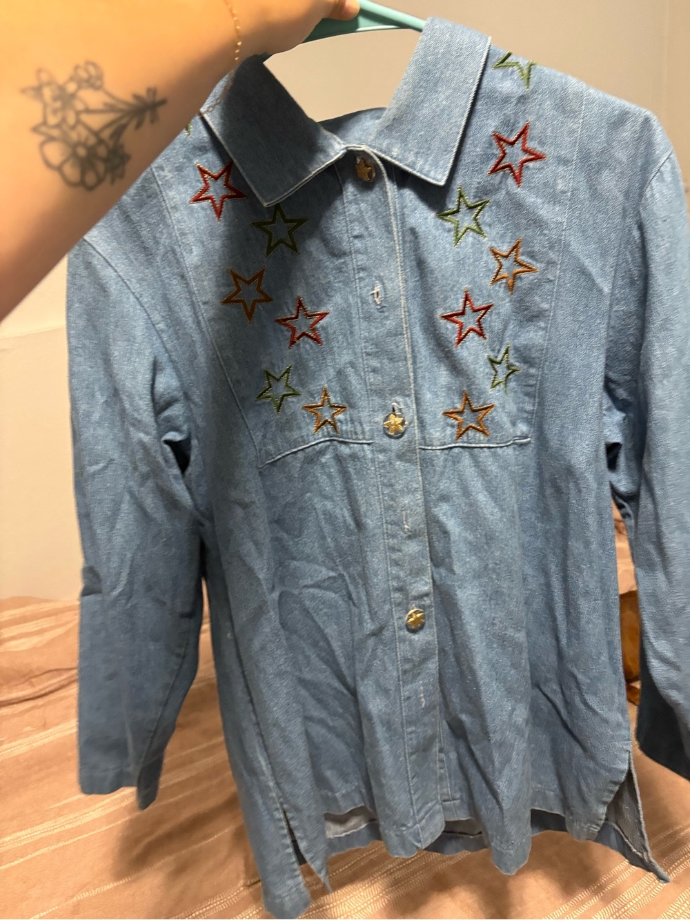 Light Blue Denim Shirt with Multicolor Star Embroidery